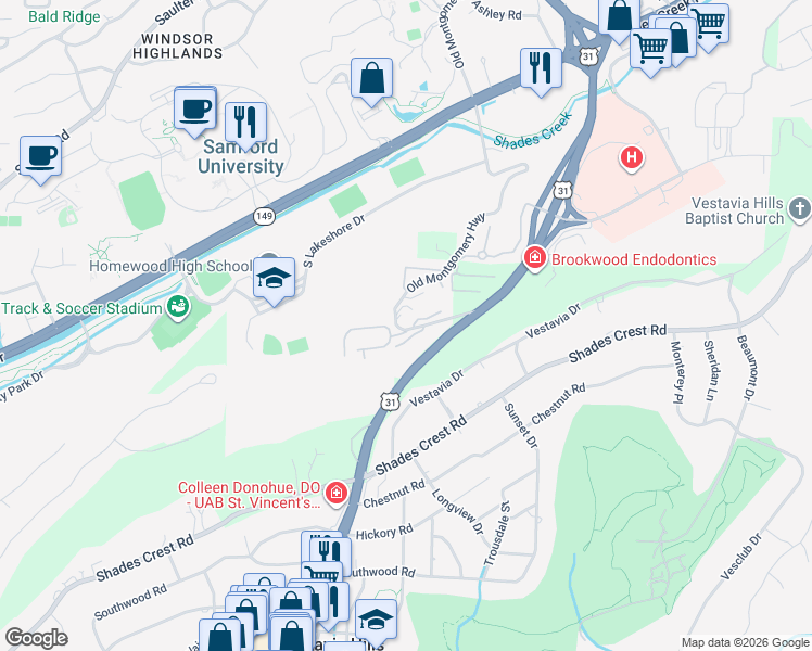 map of restaurants, bars, coffee shops, grocery stores, and more near 1103 Woodland Village in Birmingham