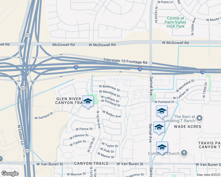 map of restaurants, bars, coffee shops, grocery stores, and more near 16642 West Moreland Street in Goodyear