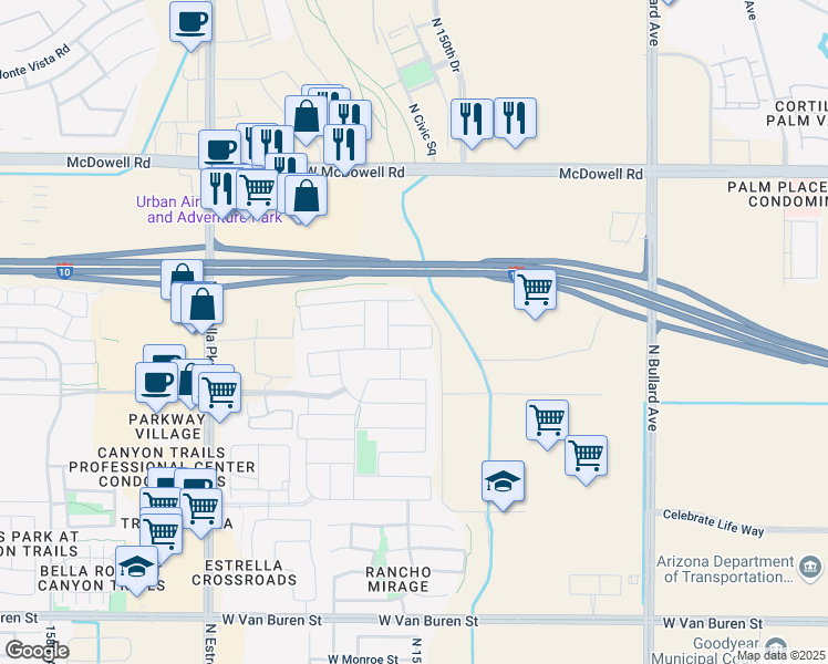 map of restaurants, bars, coffee shops, grocery stores, and more near 15075 West Latham Street in Goodyear