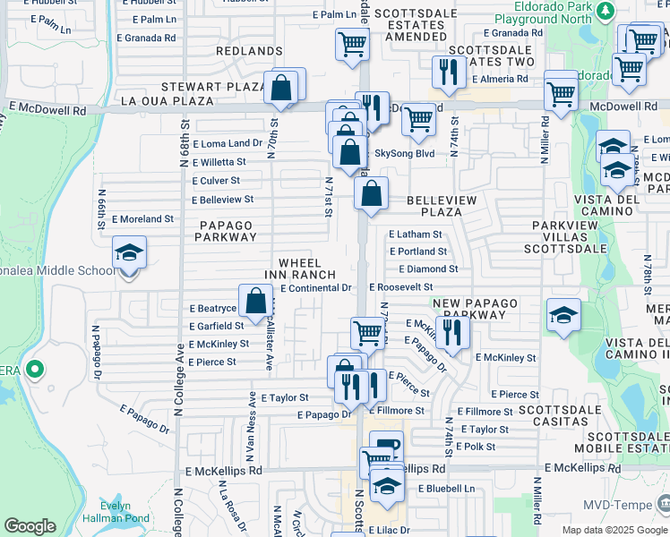 map of restaurants, bars, coffee shops, grocery stores, and more near 7110 East Continental Drive in Scottsdale