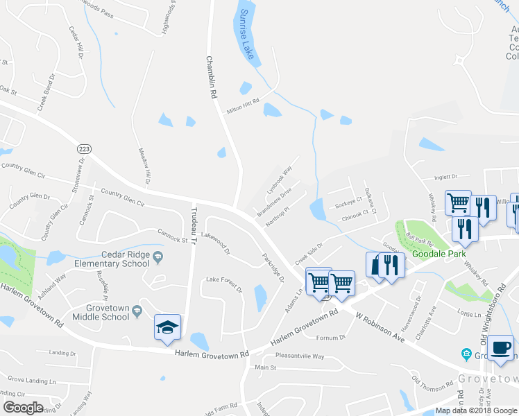 map of restaurants, bars, coffee shops, grocery stores, and more near 404 Newhaven Court in Grovetown