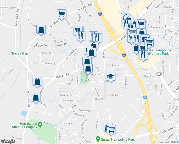 map of restaurants, bars, coffee shops, grocery stores, and more near 104 Raleigh Avenue in Birmingham