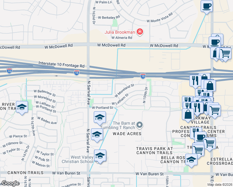 map of restaurants, bars, coffee shops, grocery stores, and more near 16091 West Moreland Street in Goodyear