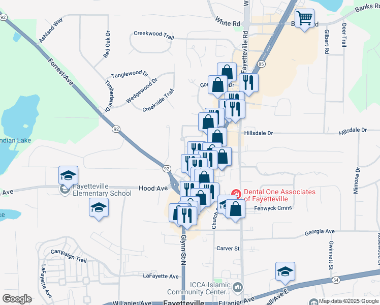 map of restaurants, bars, coffee shops, grocery stores, and more near 135 Habersham Drive in Fayetteville