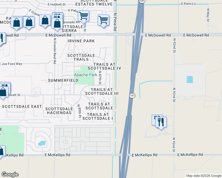 map of restaurants, bars, coffee shops, grocery stores, and more near 1075 North 87th Way in Scottsdale