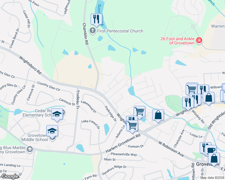 map of restaurants, bars, coffee shops, grocery stores, and more near 118 Brandimere Drive in Grovetown