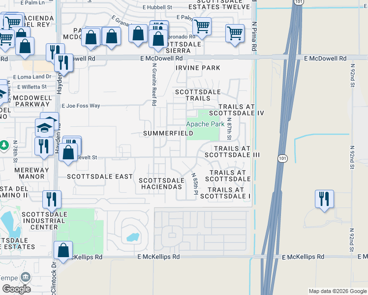map of restaurants, bars, coffee shops, grocery stores, and more near 8524 East Roosevelt Street in Scottsdale