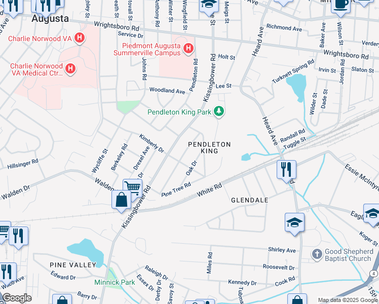 map of restaurants, bars, coffee shops, grocery stores, and more near 1716 King Woods Drive in Augusta