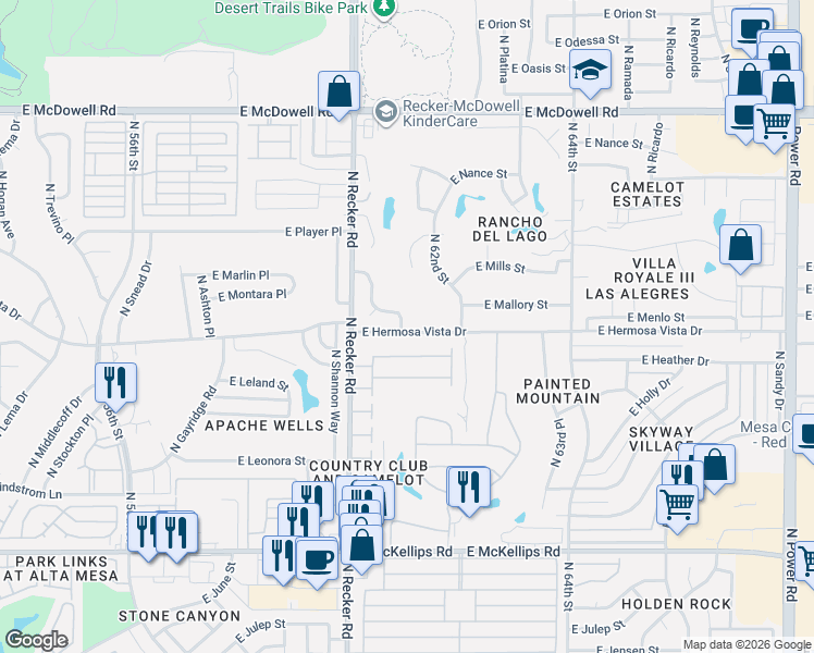 map of restaurants, bars, coffee shops, grocery stores, and more near 6109 East Hermosa Vista Drive in Mesa