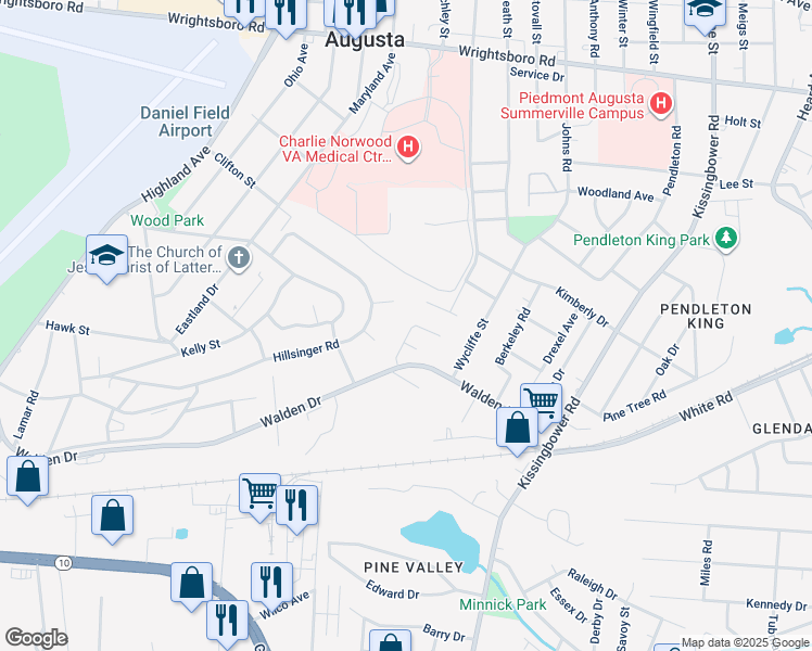map of restaurants, bars, coffee shops, grocery stores, and more near 2119 Whitney South Drive in Augusta