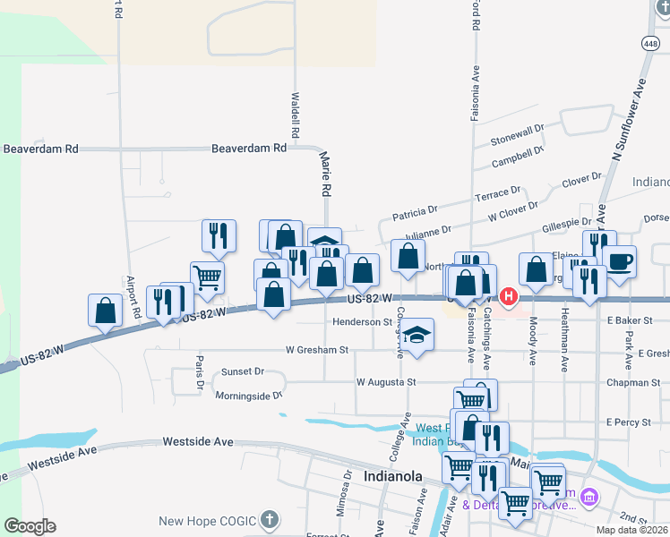 map of restaurants, bars, coffee shops, grocery stores, and more near 610 Marie Road in Indianola