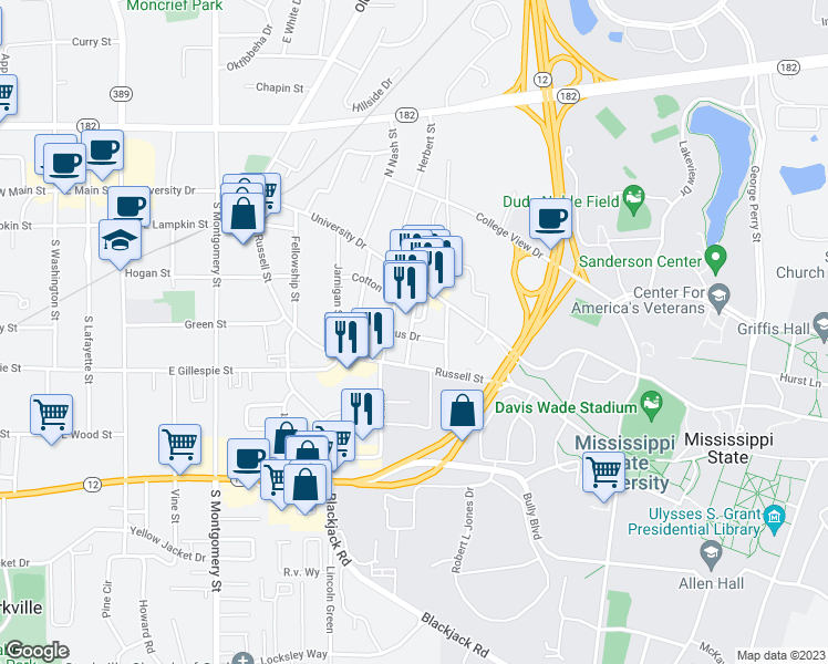 map of restaurants, bars, coffee shops, grocery stores, and more near 117 Maxwell Street in Starkville