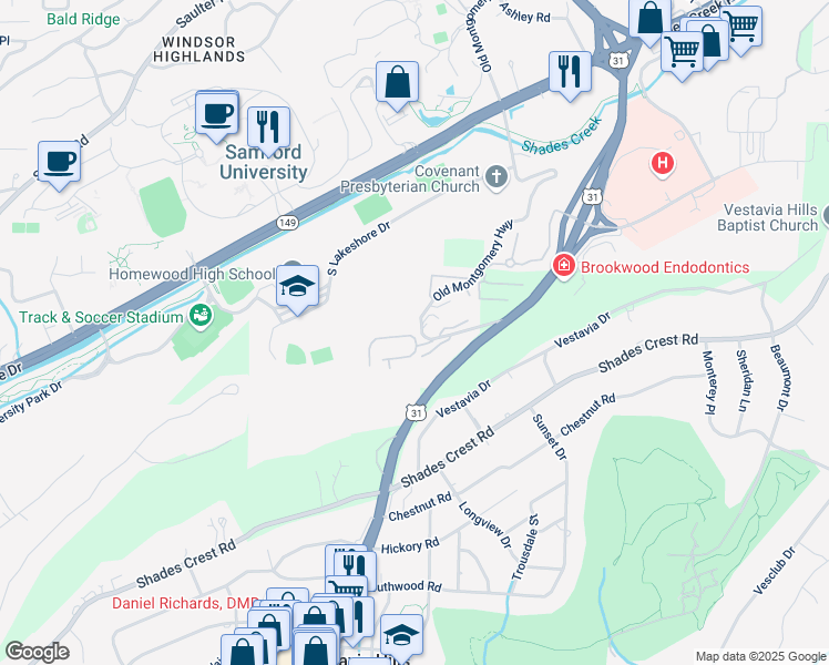 map of restaurants, bars, coffee shops, grocery stores, and more near 1014 Woodland Village in Birmingham