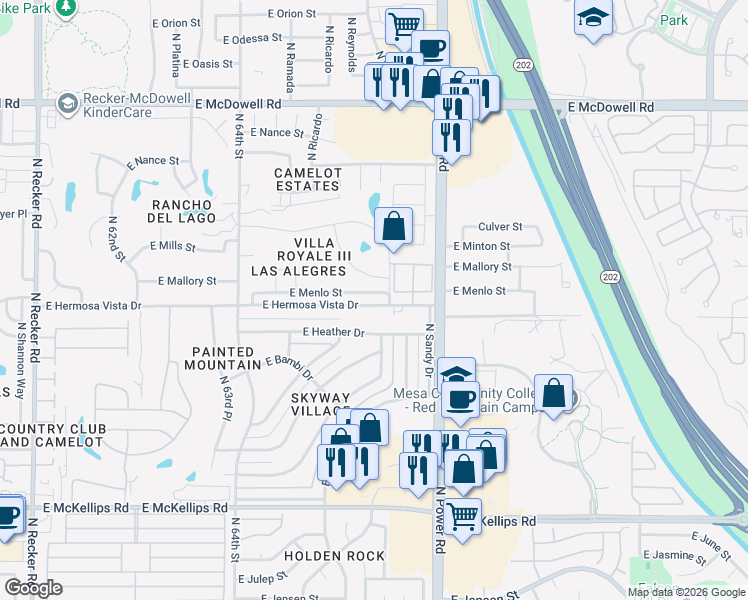 map of restaurants, bars, coffee shops, grocery stores, and more near 6645 East Hermosa Vista Drive in Mesa