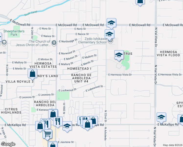 map of restaurants, bars, coffee shops, grocery stores, and more near 3027 East Laurel Street in Mesa
