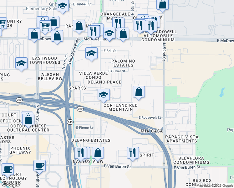 map of restaurants, bars, coffee shops, grocery stores, and more near 4848 East Roosevelt Street in Phoenix