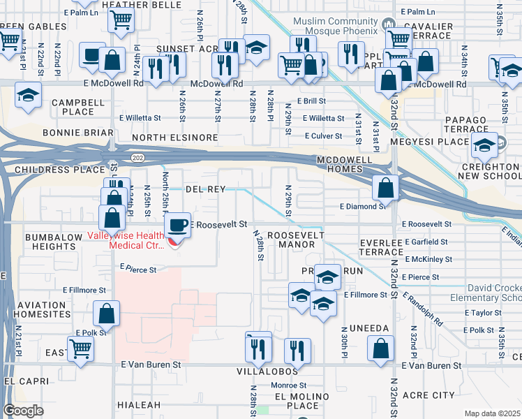 map of restaurants, bars, coffee shops, grocery stores, and more near 1015 North 28th Street in Phoenix