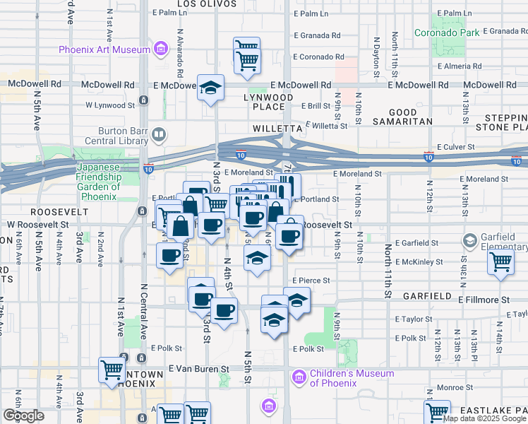 map of restaurants, bars, coffee shops, grocery stores, and more near 144 East Roosevelt Street in Phoenix