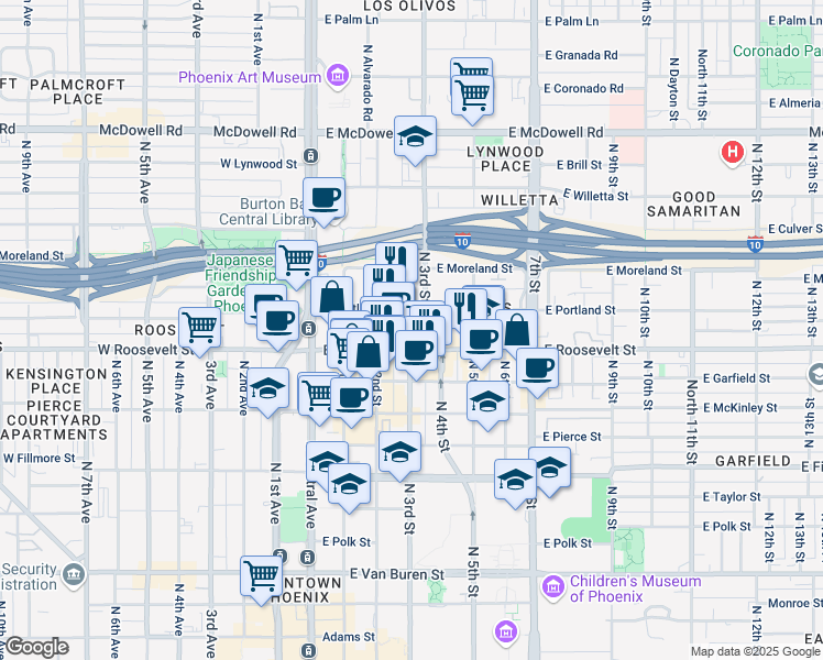 map of restaurants, bars, coffee shops, grocery stores, and more near 333 East Roosevelt Street in Phoenix