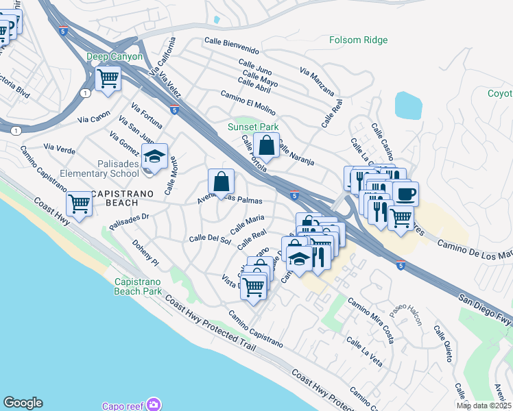 map of restaurants, bars, coffee shops, grocery stores, and more near 26921 Calle Maria in Dana Point