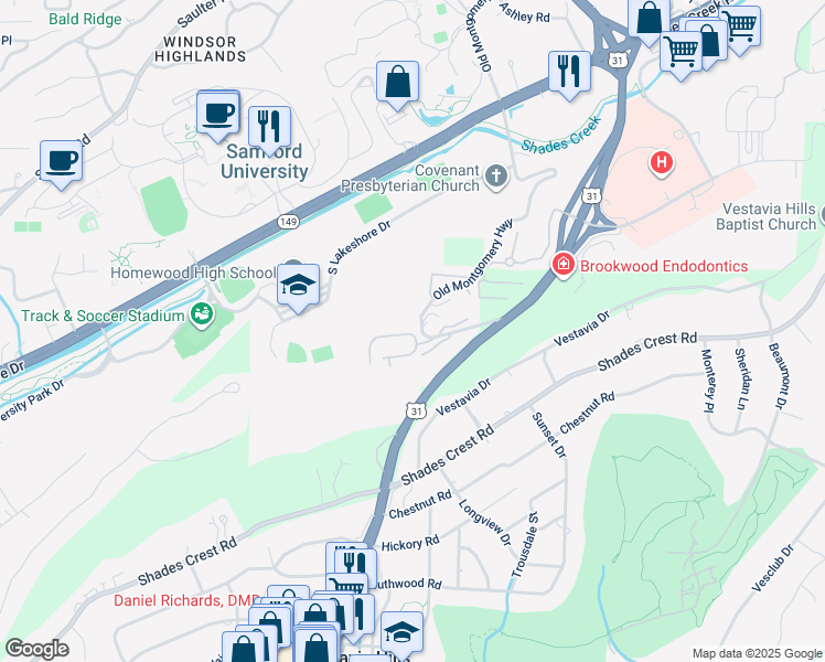 map of restaurants, bars, coffee shops, grocery stores, and more near 1103 Woodland Village in Birmingham