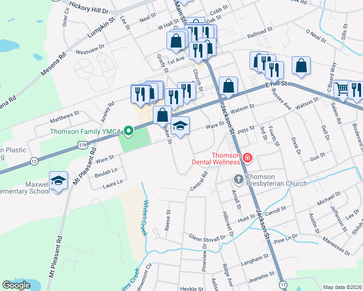 map of restaurants, bars, coffee shops, grocery stores, and more near 409 Guill Street in Thomson