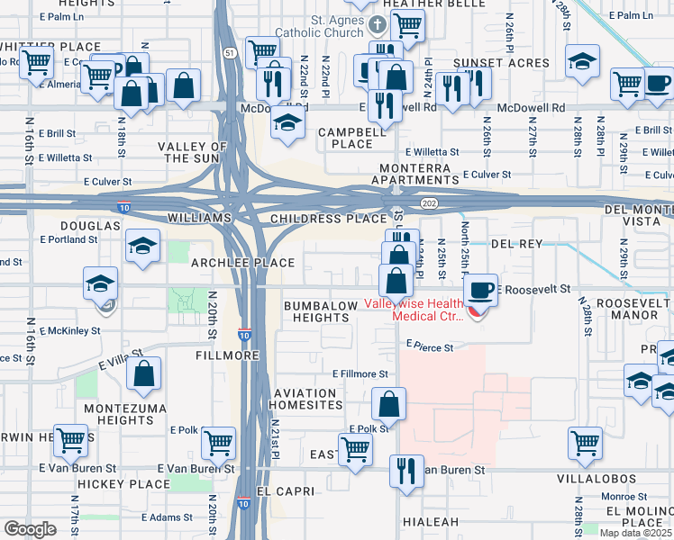 map of restaurants, bars, coffee shops, grocery stores, and more near 1018 North 22nd Place in Phoenix