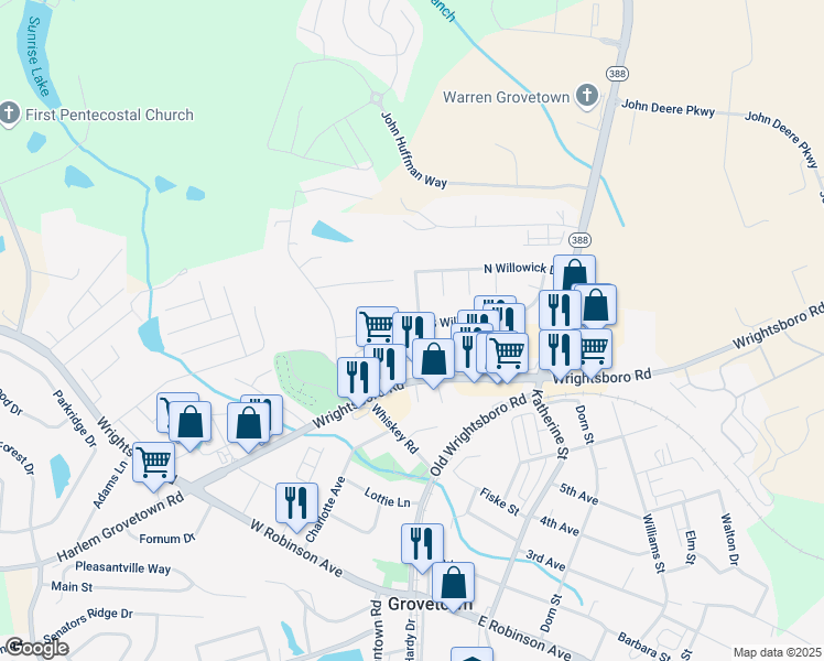 map of restaurants, bars, coffee shops, grocery stores, and more near 1013 West Willowick Drive in Grovetown