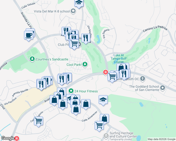 map of restaurants, bars, coffee shops, grocery stores, and more near 180 Paseo Vista in San Clemente