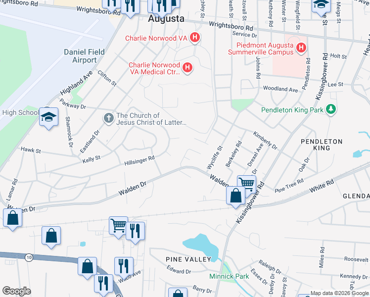 map of restaurants, bars, coffee shops, grocery stores, and more near 2130 Whitney South Drive in Augusta