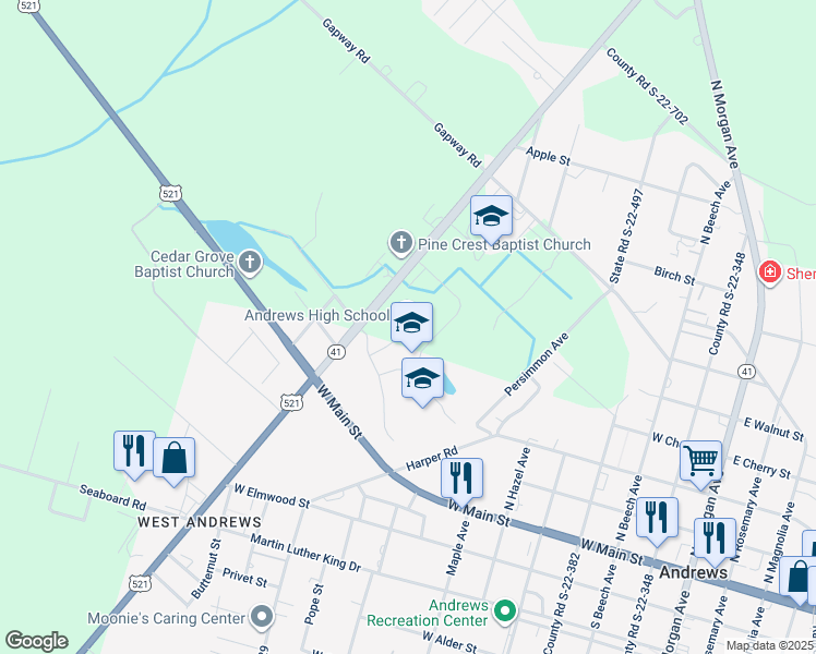map of restaurants, bars, coffee shops, grocery stores, and more near 12890 County Line Road in Andrews