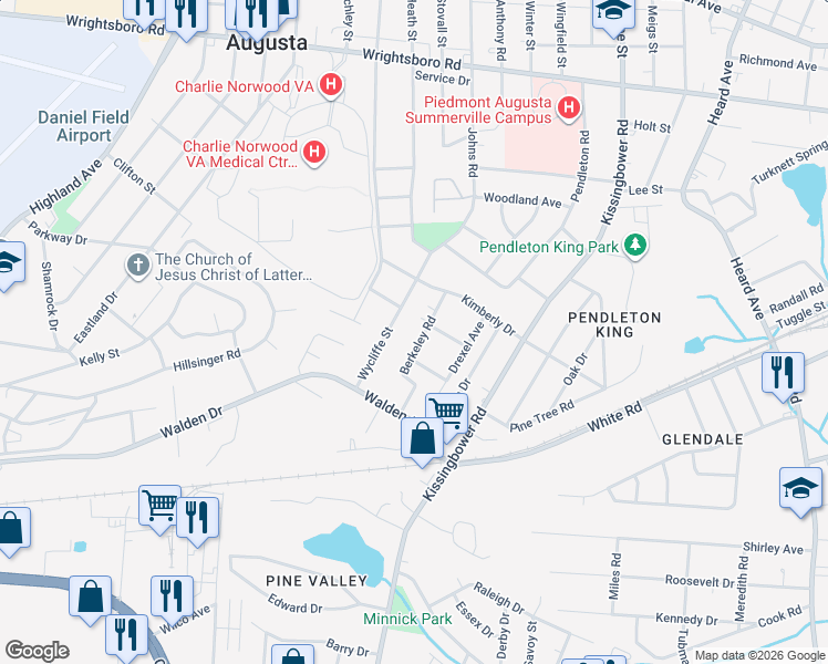map of restaurants, bars, coffee shops, grocery stores, and more near 1735 Berkeley Road in Augusta