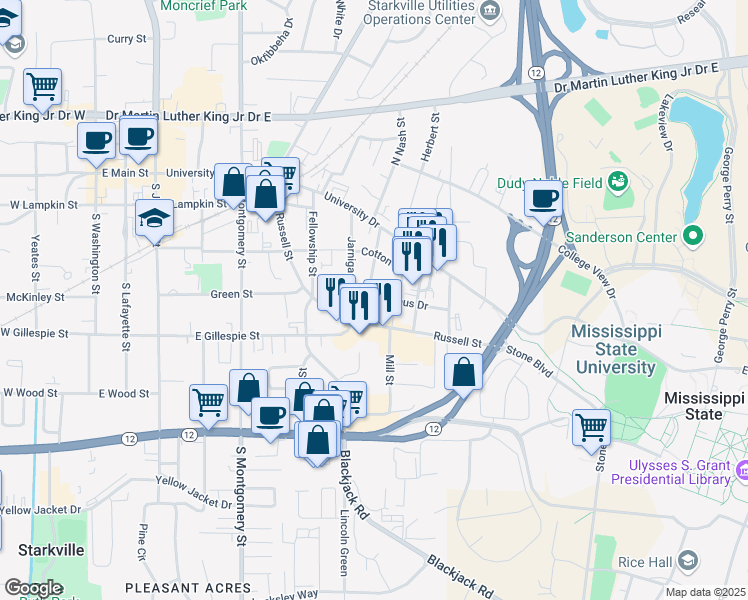 map of restaurants, bars, coffee shops, grocery stores, and more near 106 Lummus Drive in Starkville