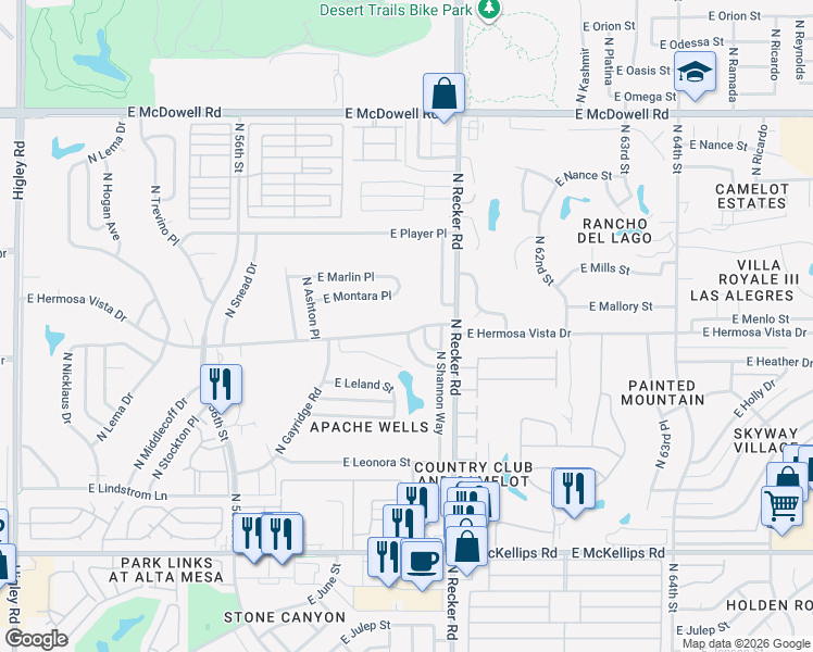 map of restaurants, bars, coffee shops, grocery stores, and more near 5855 East Hermosa Vista Drive in Mesa