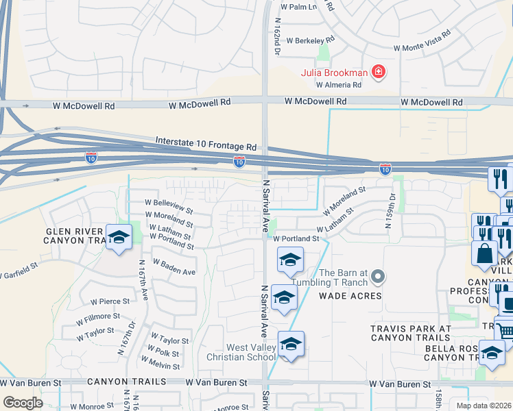 map of restaurants, bars, coffee shops, grocery stores, and more near 1190 North 163rd Drive in Goodyear