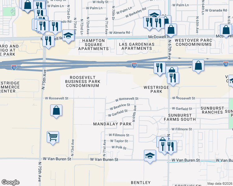 map of restaurants, bars, coffee shops, grocery stores, and more near 1033 North 71st Avenue in Phoenix
