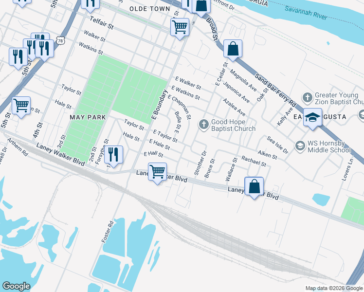 map of restaurants, bars, coffee shops, grocery stores, and more near 801 Belafonte Drive in Augusta