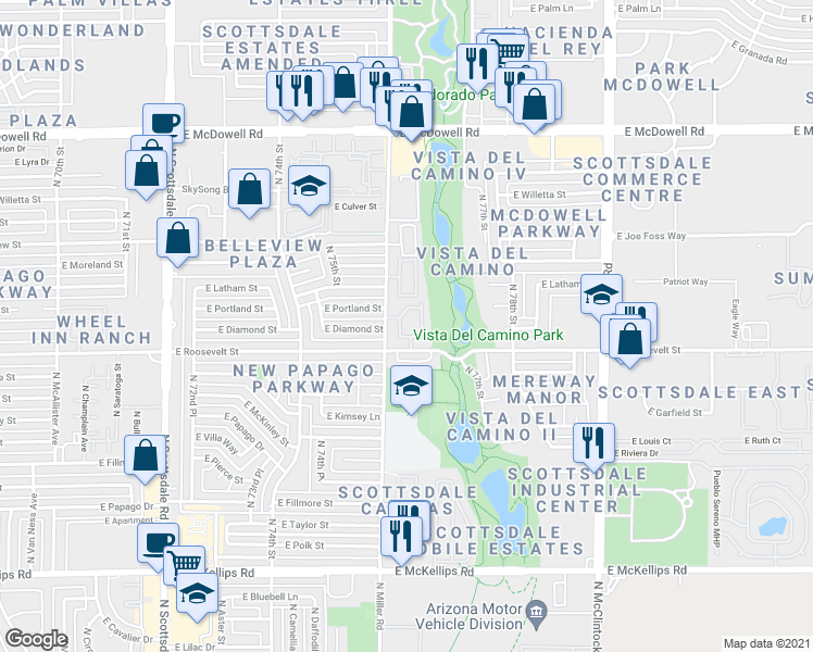 map of restaurants, bars, coffee shops, grocery stores, and more near 1075 North Miller Road in Scottsdale
