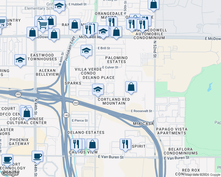 map of restaurants, bars, coffee shops, grocery stores, and more near 4848 East Roosevelt Street in Phoenix