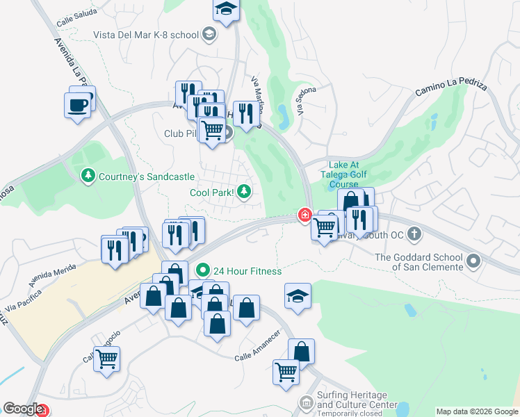 map of restaurants, bars, coffee shops, grocery stores, and more near 180 Paseo Vista in San Clemente