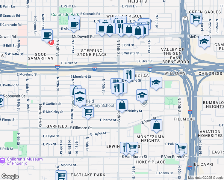 map of restaurants, bars, coffee shops, grocery stores, and more near 1530 East Roosevelt Street in Phoenix