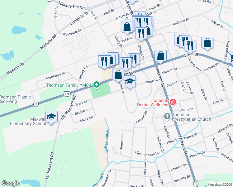 map of restaurants, bars, coffee shops, grocery stores, and more near 507 Ware Street in Thomson
