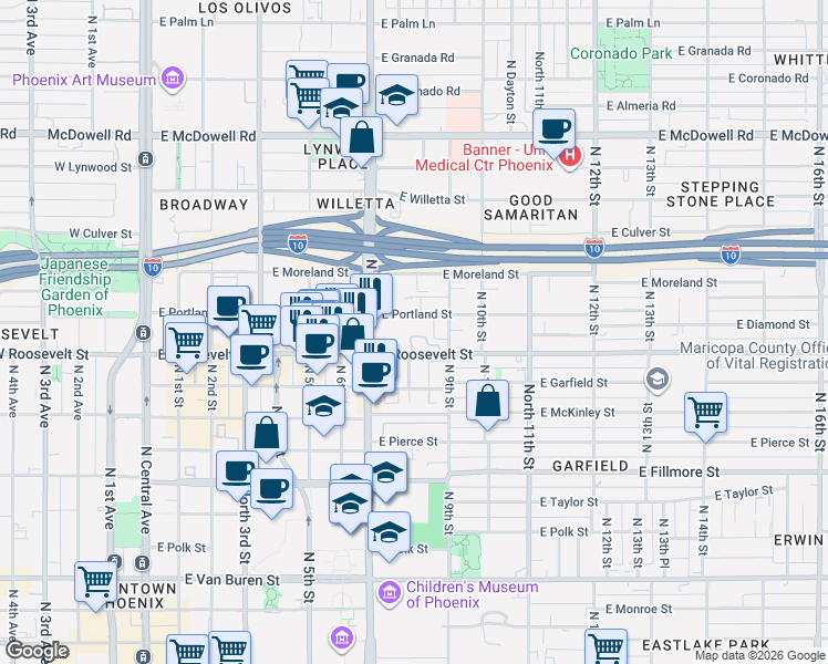 map of restaurants, bars, coffee shops, grocery stores, and more near 727 East Portland Street in Phoenix