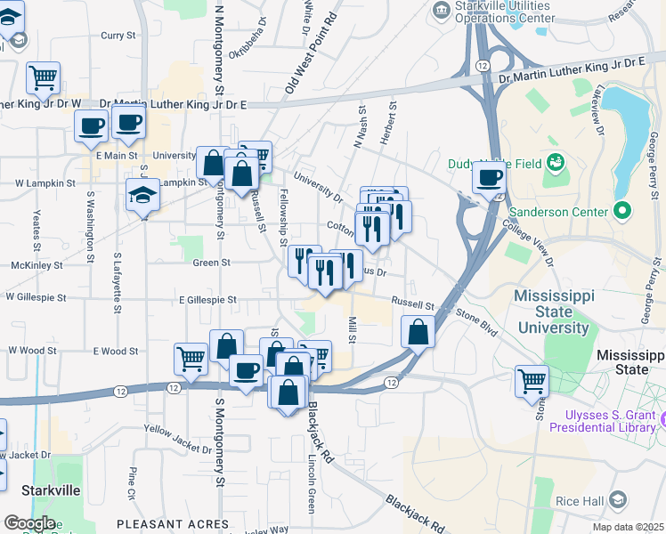 map of restaurants, bars, coffee shops, grocery stores, and more near 100 Lummus Drive in Starkville