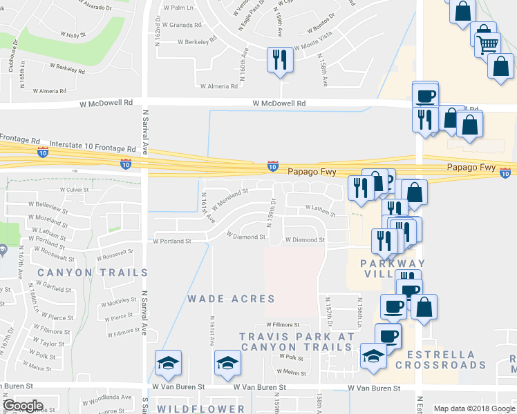 map of restaurants, bars, coffee shops, grocery stores, and more near 15963 West Latham Street in Goodyear