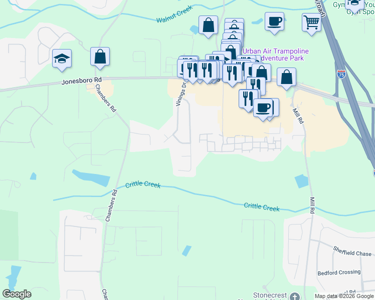 map of restaurants, bars, coffee shops, grocery stores, and more near 276 Grover Turner Way in McDonough