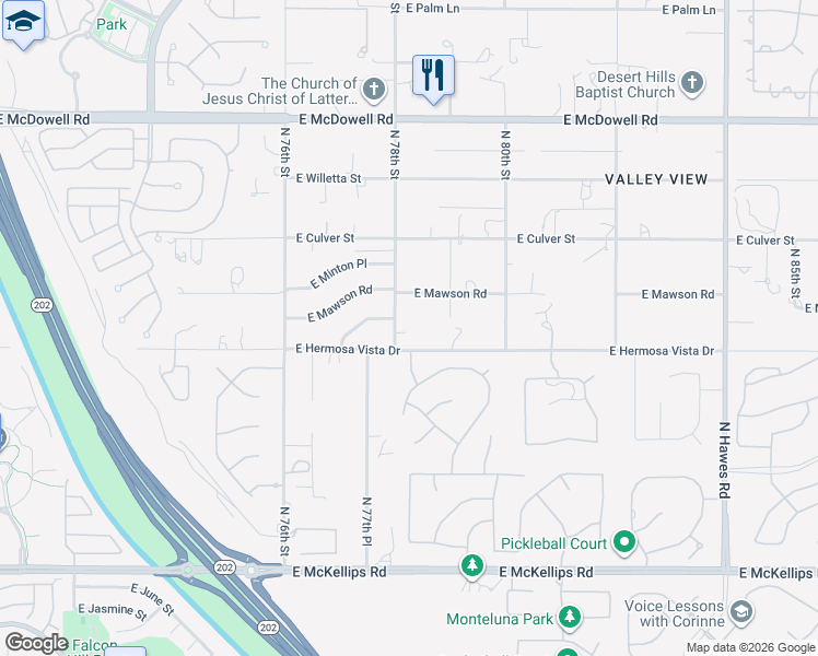map of restaurants, bars, coffee shops, grocery stores, and more near 7750 East Hermosa Vista Drive in Mesa