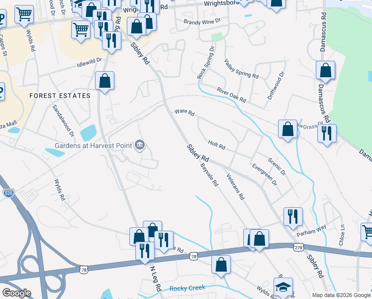 map of restaurants, bars, coffee shops, grocery stores, and more near 2023 Sibley Road in Augusta