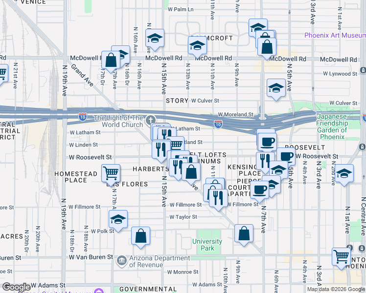 map of restaurants, bars, coffee shops, grocery stores, and more near 1003 North 13th Avenue in Phoenix