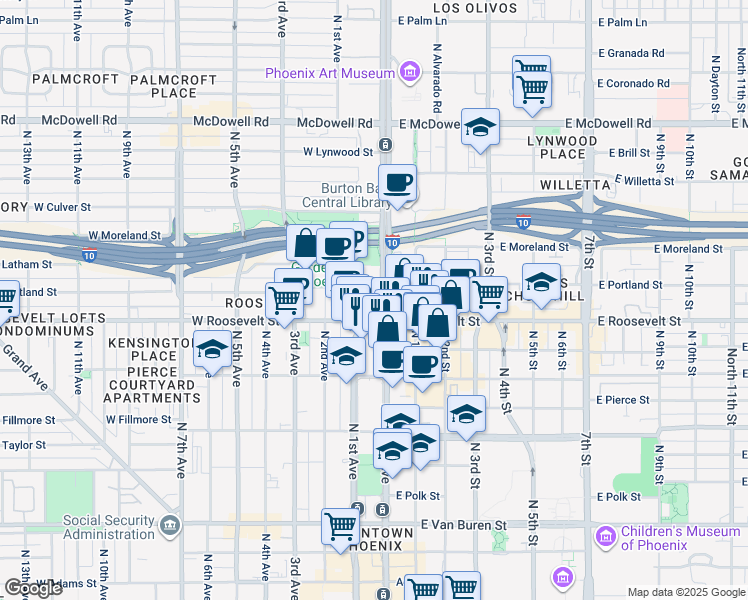 map of restaurants, bars, coffee shops, grocery stores, and more near 1020 North 1st Avenue in Phoenix